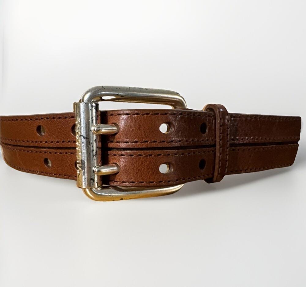 Michael Kors Womens Brown Leather Belt Size S 30-32 Double Prong Silver Buckle